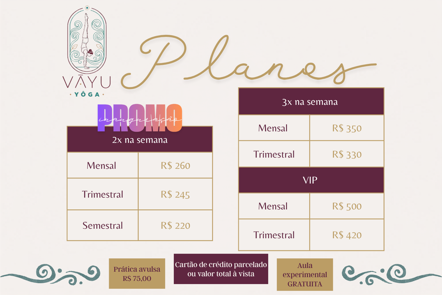 Planos e valores das aulas de Swásthya Yôga na Vayu Yôga: opções de 2x e 3x por semana e VIP, com planos mensal, trimestral e semestral